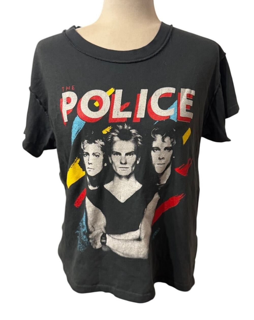 Daydreamer "The Police" Graphic Band Tee, Distressed Raw-Edge, Black, Size M